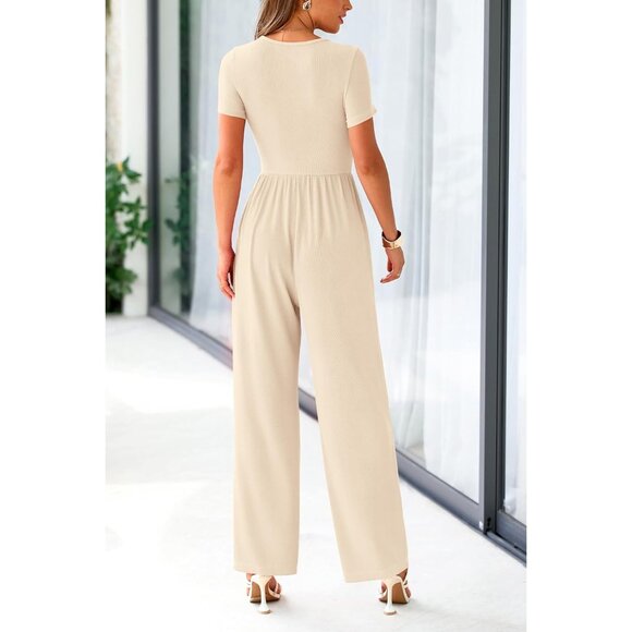 Women's Beige Summer Short Sleeve Square Neck Wide Leg Rompers Jumpsuits - Picture 2 of 8